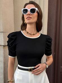 Solivie Rib Knit Puff Sleeve T-Shirt Black Top Preppy Tops Puff Sleeve Tops Classy Top