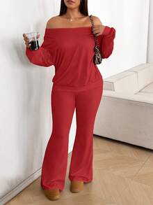 Sunnyshic 大码女式休闲纯色露肩上衣和喇叭裤两件套，秋季 - 紅色 - 查看 5