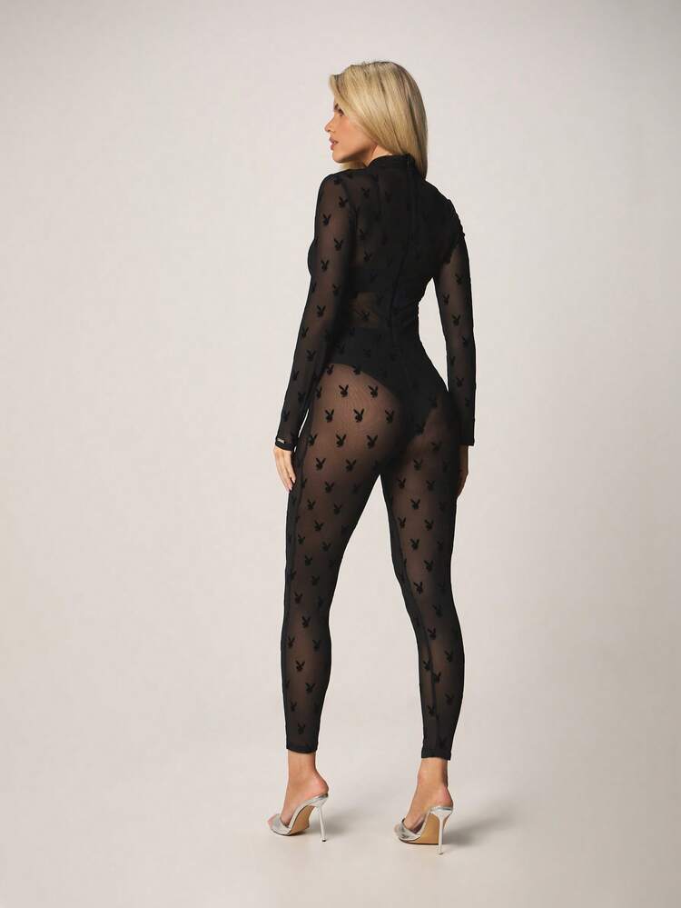 Missguided x Playboy Women's Long Sleeve Mesh Bunny Print High Neck Full Length Jumpsuit With Sheer See Through Overlay