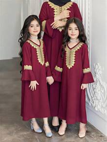 Women & Teenage Girls' Robe: Burgundy Base With Golden Lace Embroidery, V-Neck + Flare Sleeves, Elegant & Vintage, Suitable For Traditional Arab Clothing, Abaya, Ramadan Family Gatherings - Red - View 3