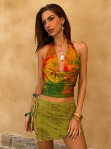 SHEIN BAE 女士全印花垂褶领休闲度假露背上衣，优雅，夏季，春假，情人节，狂欢节，海滩，度假，暑假，花卉图案，2026 新款，适合海滩度假、约会、休闲穿着和假日。 - 橘色 - 查看 5