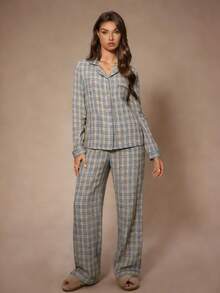 Lazeform 格子翻领长袖上衣和长裤睡衣套装，舒适优雅的细节设计，秋冬服装 - 灰色 - 查看 1