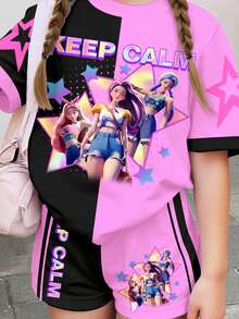 SHEIN 2件套少女休闲撞色卡通人物印花短袖上衣和短裤套装，适合夏季穿着