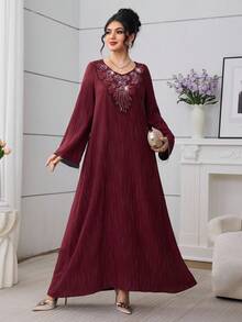 SHEIN Najma V-Neck Sequin Floral Chain Tassel Accent Burgundy Dress - Burgundy - View 6