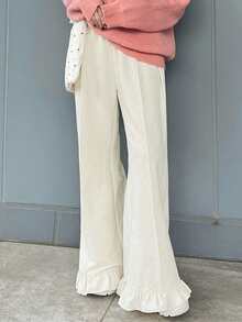 FRIFUL Quần dài nữ cạp chun, chất liệu nhung, phối họa tiết hoa, viền gấu. - trắng - Xem 7