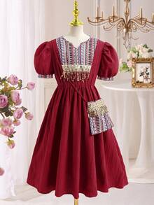 SHEIN Girls Casual Woven Printed Dress With Golden Tassel Trim, V-Neck Puff Sleeve, Suitable For Daily Wear, Vacation, Spring/Summer - Burgundy - View 3