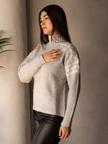 Andrea Bello Women's Geometric Pattern Stand Collar Drop Shoulder Long Sleeve Loose Casual Sweater, Autumn/Winter,Knitted Sweater - Apricot - View 5