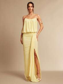 Silquee Elegant Pale Yellow Summer Vacation Dress,Strapless Pleated Side-Slit Loose-Fitting Mesh Gown,Sophisticated Abaya For Women Wedding Social Events - Yellow - View 4