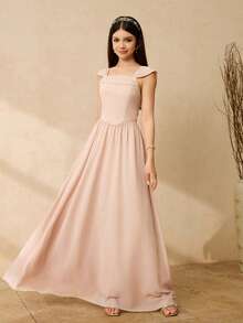 优雅飘逸的雪纺无袖连衣裙，圆领设计，适合青少年伴娘、舞会、生日派对、婚礼等场合。 - 杏色 - 查看 3