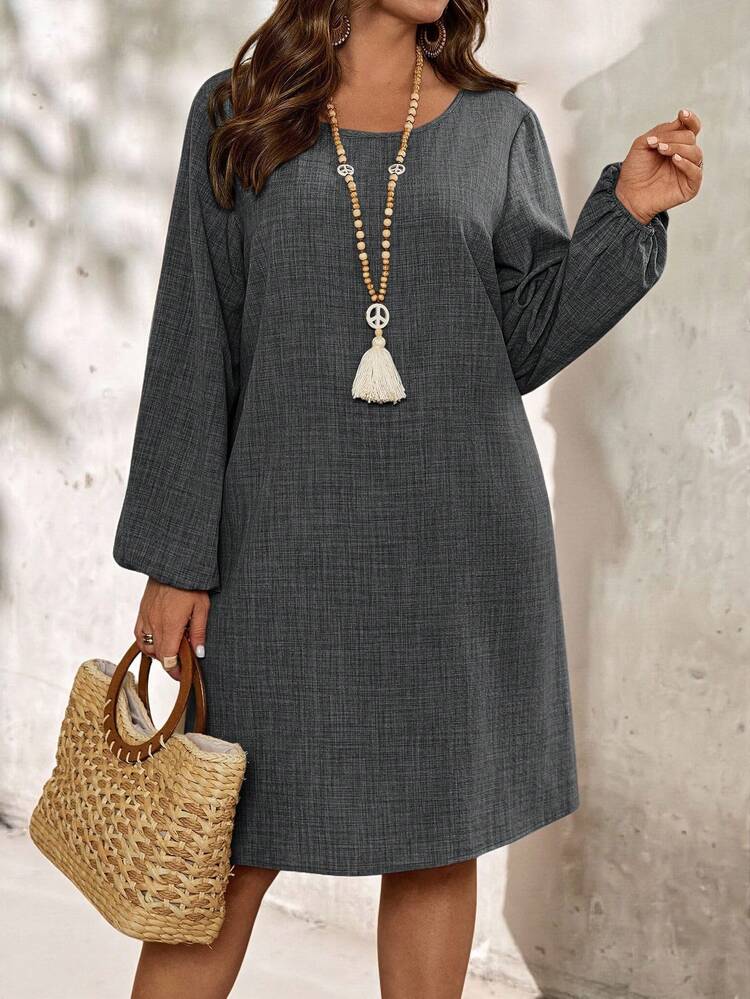 Plus Size Women's Solid Color Round Neck Long Sleeve Dress, Autumn, Early Spring/Valentine's Day, Spring Break Outfits ,Valentine Outfits For Women ,Vacation Outfits Women ,Holiday Outfits For Women,Spring Dress Women,Going Out Outfits,2026 New Clothes,Simple And Fashionable For Everyday Wear,Casual Elegant Valentine's Day Party Everyday, Plus Casual Dress, Long Sleeve Casual Dress