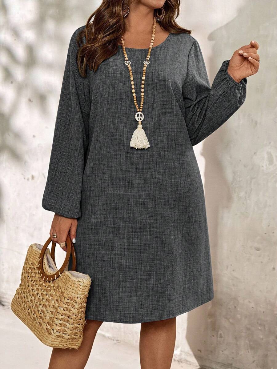 EMERY ROSE 大码女式纯色圆领长袖连衣裙，秋季 - 灰色 - 查看 1