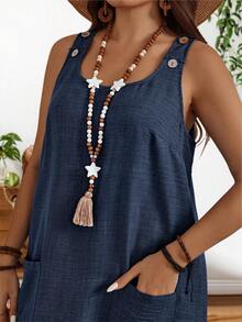 EMERY ROSE 大码女式夏季休闲度假风纯色圆领拼接口袋宽松连衣裙 - 藏蓝色 - 查看 5