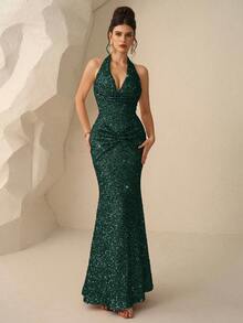 Coutiva 优雅亮片装饰长袖连衣裙，高端宴会正式礼服 - 墨綠色 - 查看 4