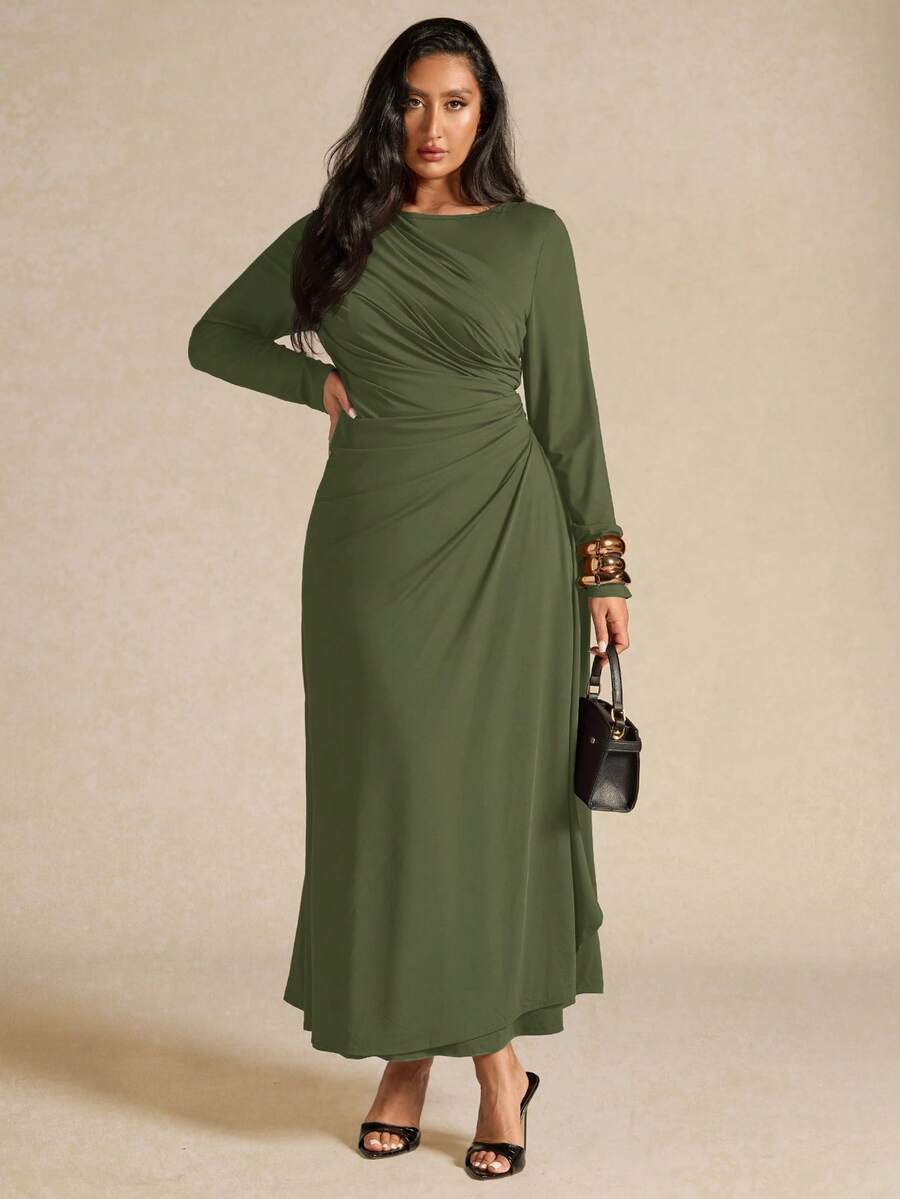 SHEIN BAE Váy xếp ly tay dài thanh lịch cỡ lớn dành cho nữ, màu vàng, mùa thu/đông - xanh quân đội - Xem 1