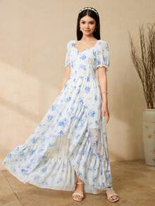 Vestido formal de gasa floral azul para adolescentes - Vestido maxi con cuello cuadrado, mangas abullonadas, abertura alta y volantes (Vestido de noche elegante para adolescentes) - Azul - Ver 7