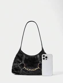 ROMWE Grunge Punk Túi đeo vai giả lông thú phong cách Y2K với chi tiết dây xích, túi hobo lông xù phong cách Punk Gothic, túi xách thời trang đường phố. - màu đen - Xem 4