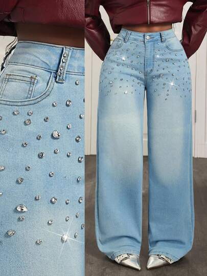 Slaydiva Jeans évasés polyvalents et décontractés pour femmes avec boutons de poche et décoration de strass