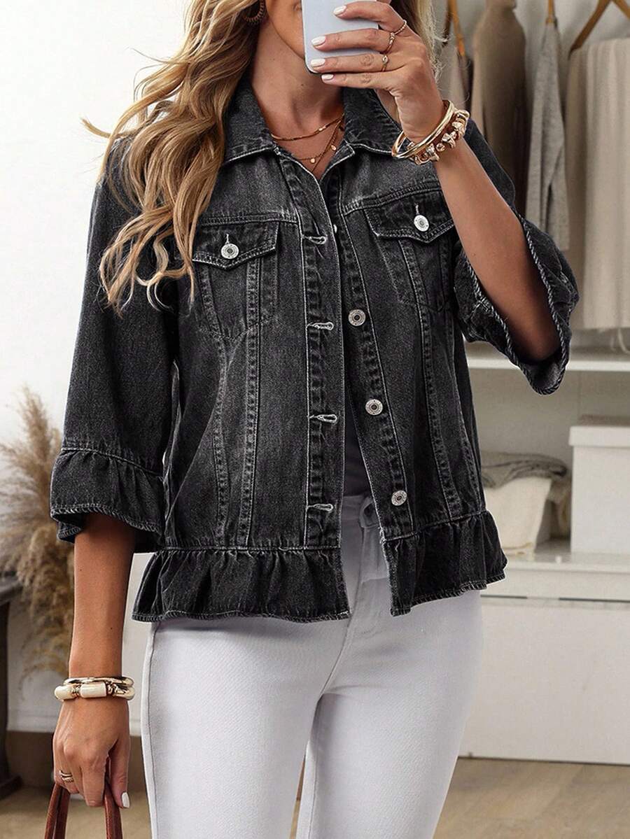 EMERY ROSE Women's Casual Washed Denim Jacket With Ruffle Hem Women Women Denim Jacket Cropped Denim Jacket - Black - View 1
