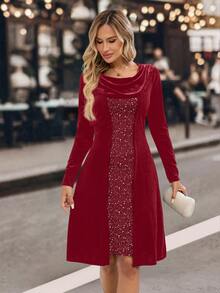 EMERY ROSE 女士垂褶领长袖拼接亮片印花时尚连衣裙 - 酒紅色 - 查看 4