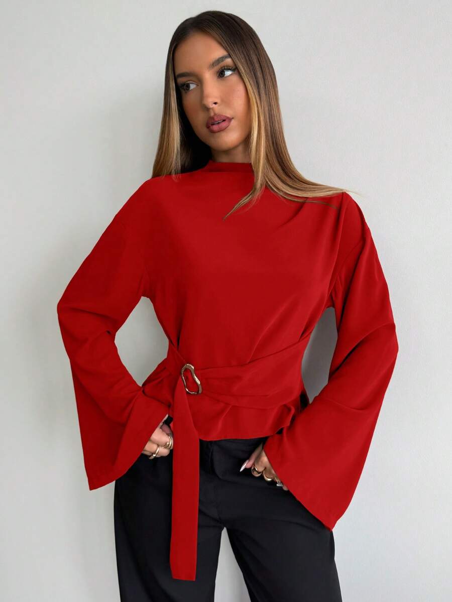 Aloruh Women's Solid Color Stand Collar Flare Sleeve Blouse, Suitable For Daily Business Commute - Red - View 1