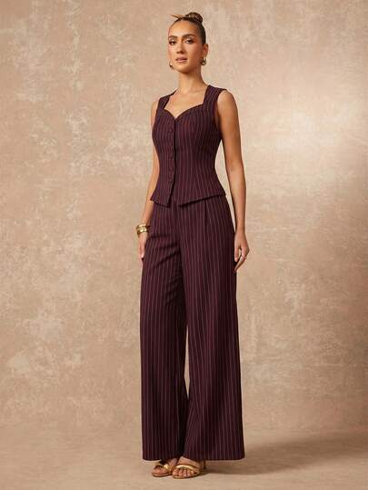 Lumalex Spring /Summer Gathering Party Banquet Modest Old Money Glitter Holiday Party Rave Festival Outing Vacation Hot Outdoor Richly Layered Wedding Season Banquet Coming Of Age Ceremony Burgundy Red Stripes Stand Collar Hollow Out Waist Cinched Metal Button Straight Leg Suit Trousers, Women's Suit Set With A Sleeveless Vest Luxury Prom Christmas New Year, Cozy Fall And Winter Clothes For Women