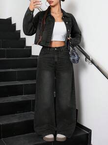 SHEIN Set de 2 piezas: Chaqueta corta de mezclilla azul con cuello y pantalones de corte holgado para adolescentes - Negro - Ver 6