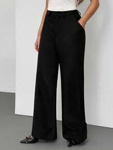 SHEIN Tall 女士灰色纯色人字纹编织纽扣口袋简约低腰长裤，适合通勤、休闲、时尚穿搭、复古风格、办公穿着 - 黑色 - 查看 11