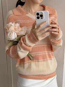 DAZY Striped Collared Cropped Loose V-Neck Sweater For Women - Coral Orange - View 5