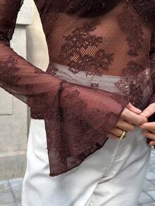 Solivie 女士时尚性感蕾丝喇叭袖衬衫 - 棕色 - 查看 7