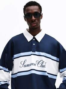 SUMWON Men Classic Collared Rugby Striped Polo Long Sleeve Chest Embroidered Script Logo Casual Office Weekend Preppy Style Rugby Shirt - Royal Blue - View 2