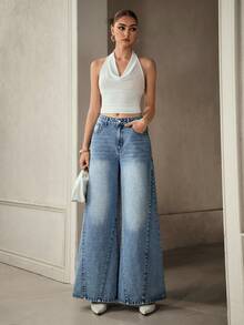 Selenza Quần jeans nữ ống rộng phối màu, túi xéo, kiểu dáng thường ngày, đa năng. - Màu xanh lam - Xem 5