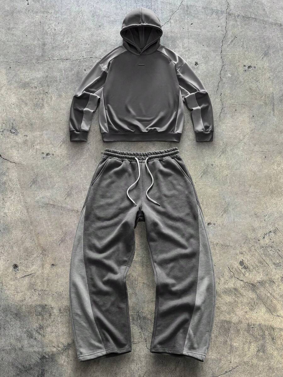 AXEPEAK 男士休闲宽松套头连帽衫套装，撞色拼接，春秋季 - 灰色 - 查看 1