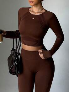 SHEIN Sports Plus Size Women Solid Color Long Sleeve And Long Pants Sports Outfit, Seamless Workout Women Set Women Leggings Set - Brown - View 3