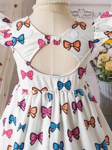 SHEIN Girls Elegant White Summer Fairy Birthday Dress,Floral Print Round Neck Flutter Sleeve Hollow Back Bow Decor Waist Ruffle Hem Casual Fashionable - Pink - View 5
