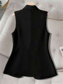 GlowEve CURVE Plus Size Solid Color Ruffle Trim Elegant Sleeveless Wrap Blazer - Black - View 2