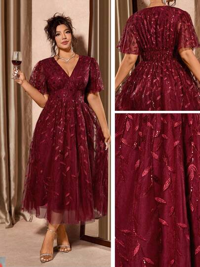 Cravure Vestido elegante de fiesta rojo de talla grande con cuello en V, malla y volantes con lentejuelas en el bajo