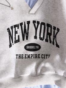 Áo nỉ cho bé gái tuổi teen, phong cách thường ngày sinh viên, đa năng, áo nỉ 2 trong 1 cổ sơ mi in số và chữ, dáng rộng, kiểu New York. - Màu Xám nhạt - Xem 4