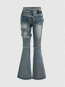 ROMWE J-Fashion Punk Chic Retro Pattern Lace-Up Fitted Flare Leg Jeans For Women - Light Wash - View 2