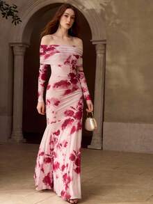 MOTF PREMIUM VESTIDO DE PUNTO LARGO CON HOMBROS DESCUBIERTOS Y ESTAMPADO DE MALLA PARA MUJER, PRIMAVERA/VERANO - Multicolor - Ver 2