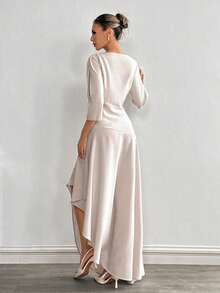 Siren Gaze Women's Elegant Asymmetrical Slit Ruffle Hem Dress, Casual Long Dress Spring - Apricot - View 2