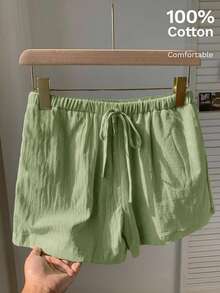 SHEIN EZwear Quần short nữ cỡ lớn, màu trơn, có thắt lưng và túi, dáng rộng, thoải mái, thích hợp mặc mùa hè. - màu xanh lá - Xem 8