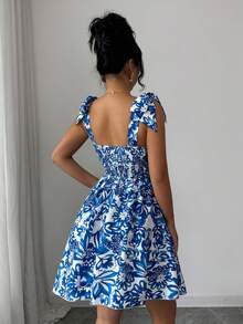 Elenzga New Floral Print Shoulder Tie Cinched Waist A-Line Dress, Flattering Silhouette, Elegant Casual Vacation Dress - Multicolor - View 2