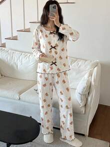 2件套女童白色小熊印花圆领针织长袖上衣和裤子套装，柔软亲肤，适合春夏穿着 - 彩色 - 查看 4