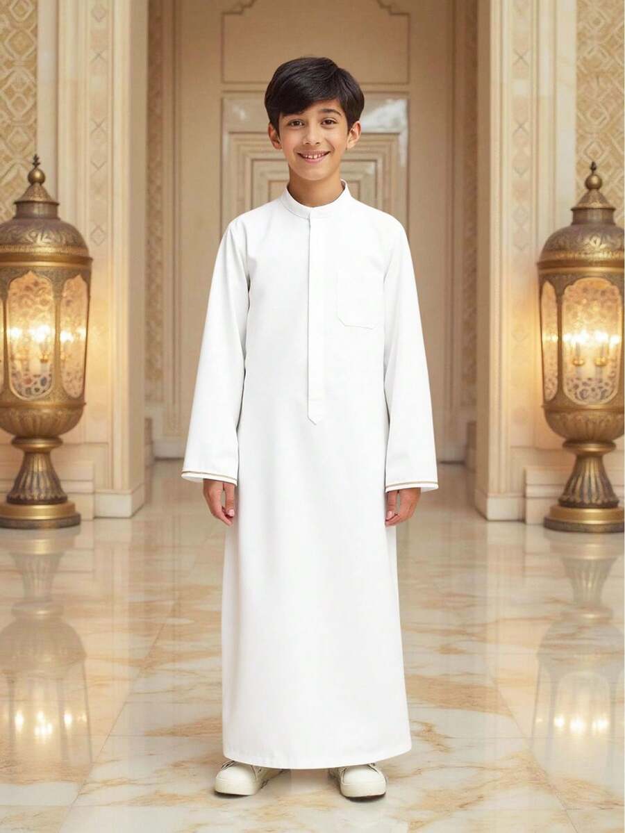 SHEIN 青少年男童极简金色印花长袍，传统服饰，长袖阿拉伯服装，简约廓形，节日版