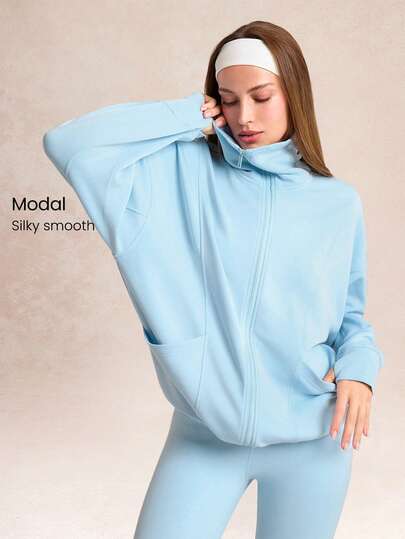 GLOWMODE Softserene Modal Chill Days Oversized Silky Smooth Breathable Wide Collar Drawstring Hem Zip-Up Jacket Daily Casual Wear Valentine's Day