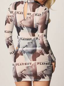 Missguided x Playboy Magazine Print Mesh Long Sleeve Bodysuit With High Neck Retro All Over Pattern - Multicolor - View 2
