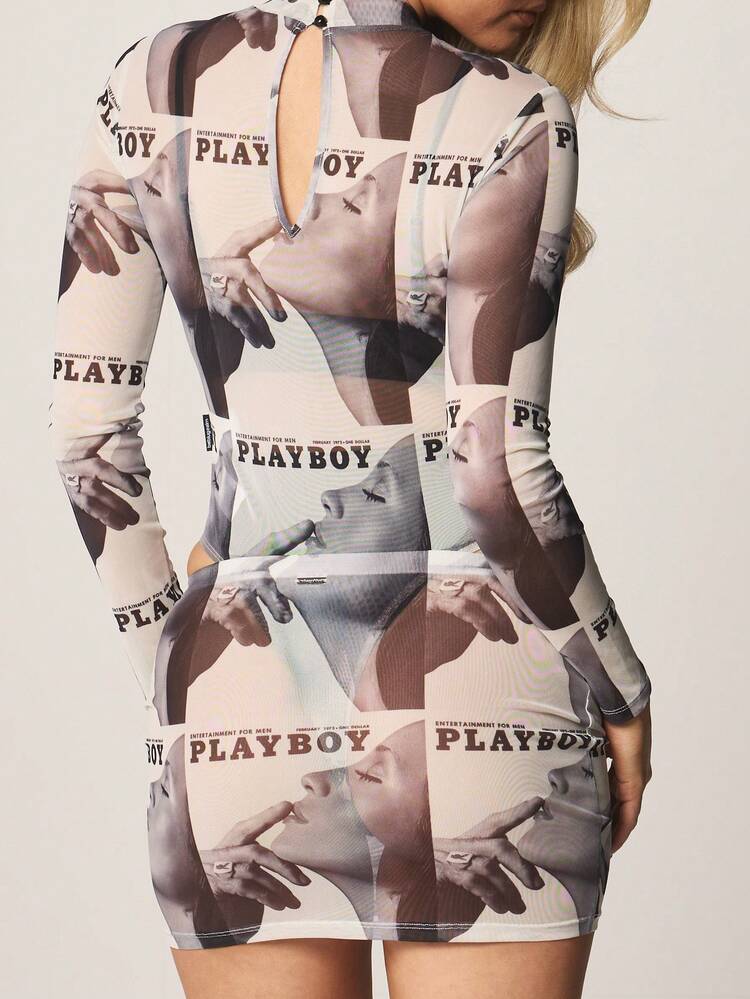 Missguided x Playboy Magazine Print Mesh Long Sleeve Bodysuit With High Neck Retro All Over Pattern, Vacation Outfit