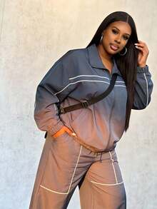 Slaydiva Conjunto de 2 piezas de top de manga larga y pantalones de talla grande con contraste de color - Azul - Ver 6