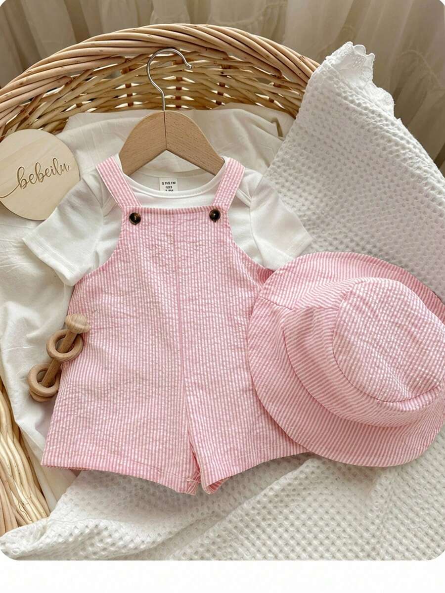 两件套，含帽子，男女宝宝夏季蓝白条纹背带短裤和渔夫帽套装，休闲度假，适合居家、外出、海滩穿着 - 粉色 - 查看 1