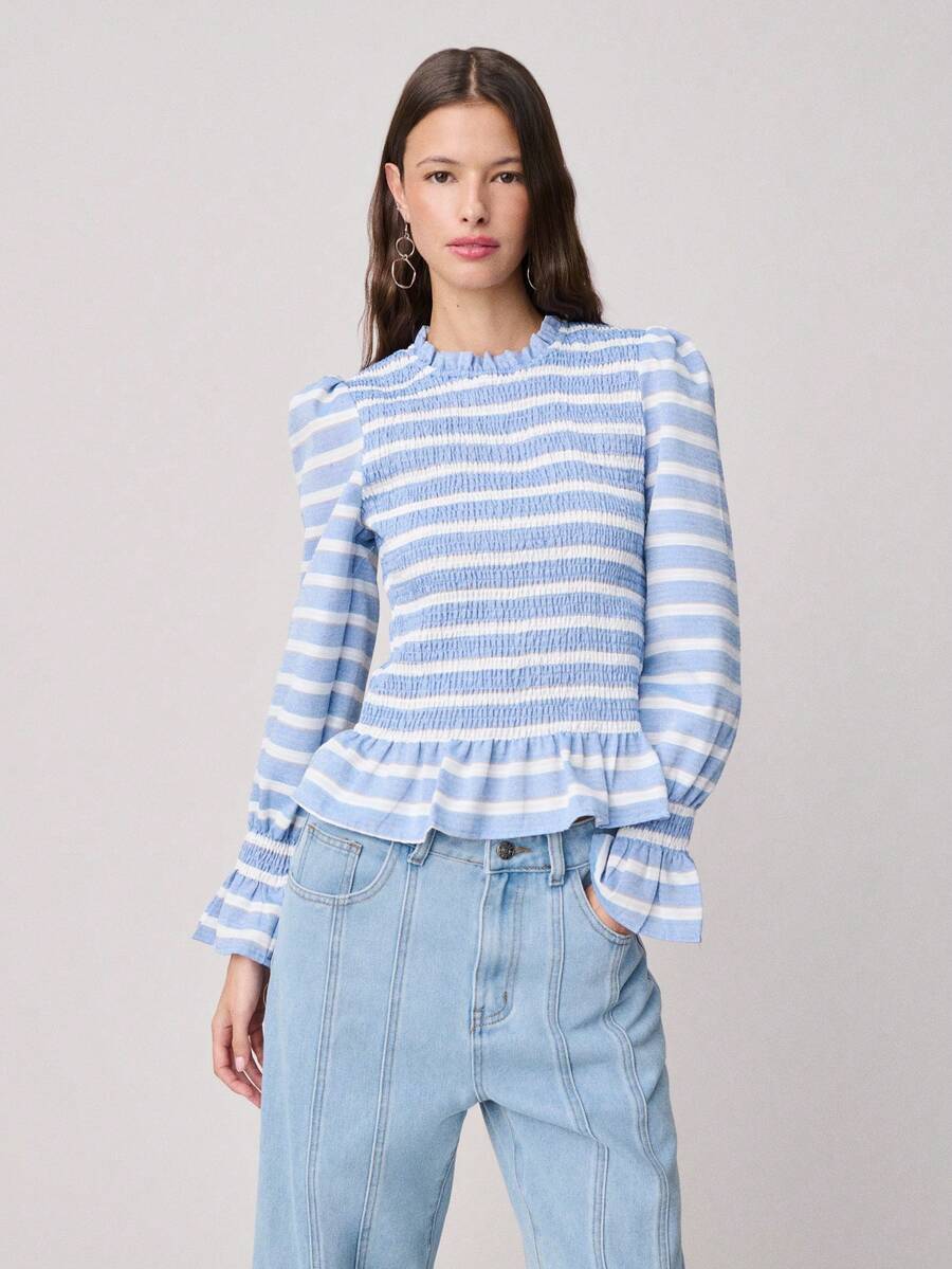 Nöista Striped Blouse Features Puffed Long Sleeves With Ruffled Cuffs And A Delicate Peplum Hem. Fitted Silhouette. Spring, Summer. - Blue - View 1